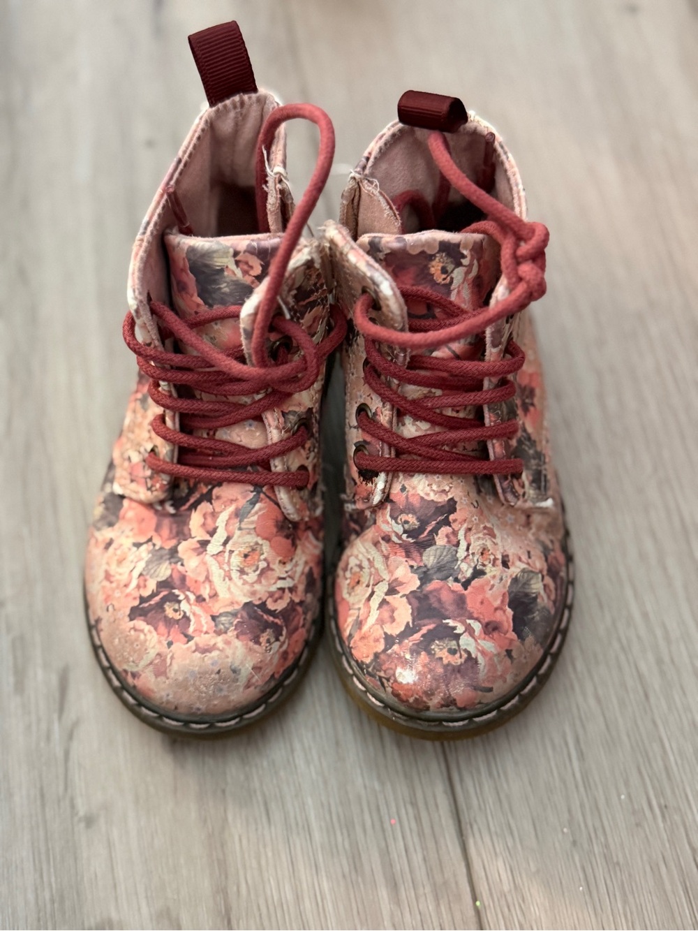 HTF Zara Floral Lace-Up Kids Ankle Boots in Rose and Burgundy